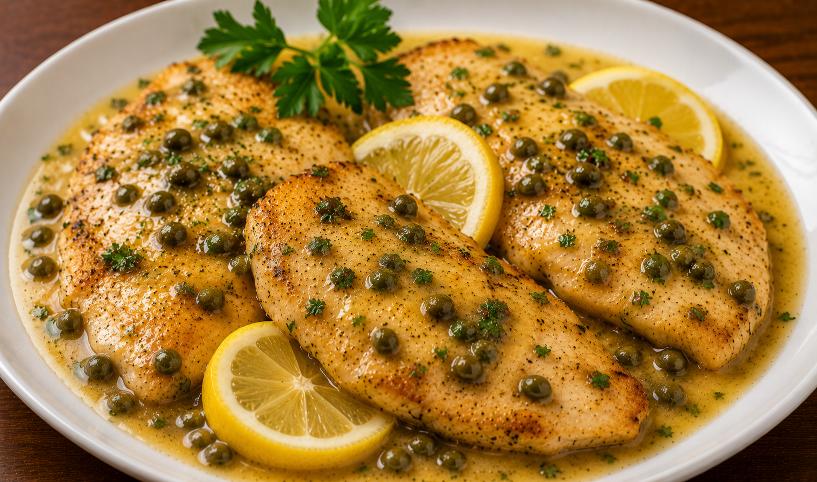 Golden chicken piccata with lemon and capers