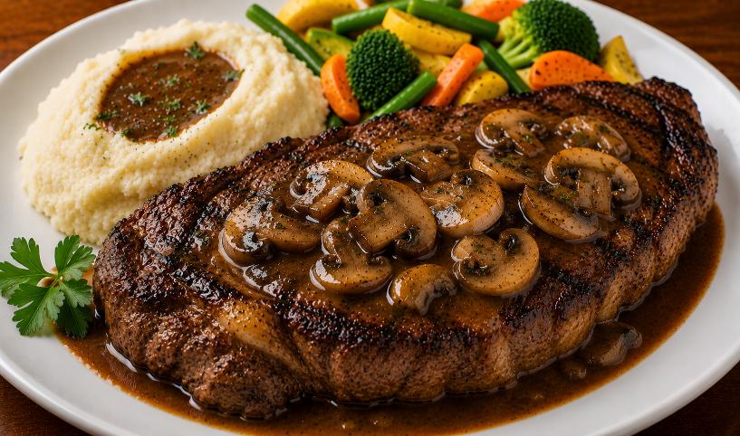 Grilled ribeye with mushroom sauce