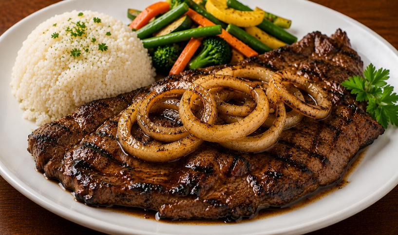 Grilled steak with onions and rice