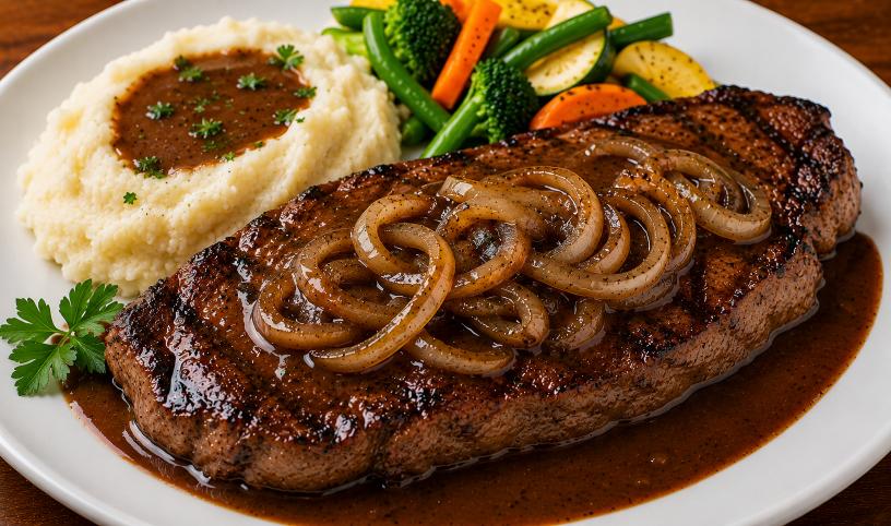 Grilled steak with gravy and vegetables