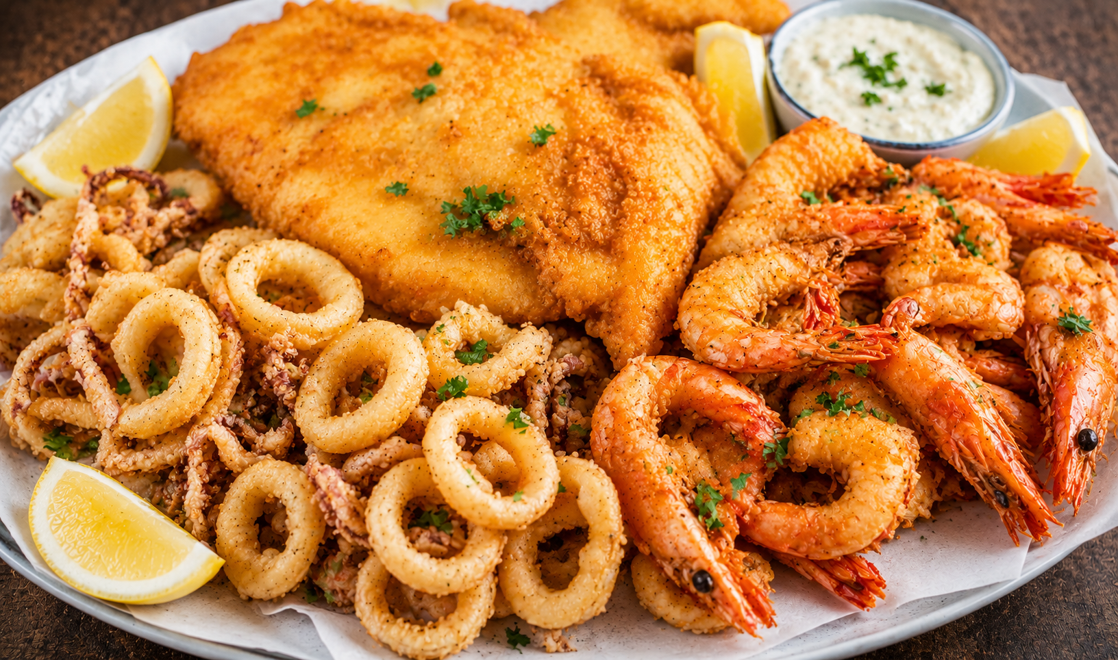 Fried seafood platter with lemon wedges- combo